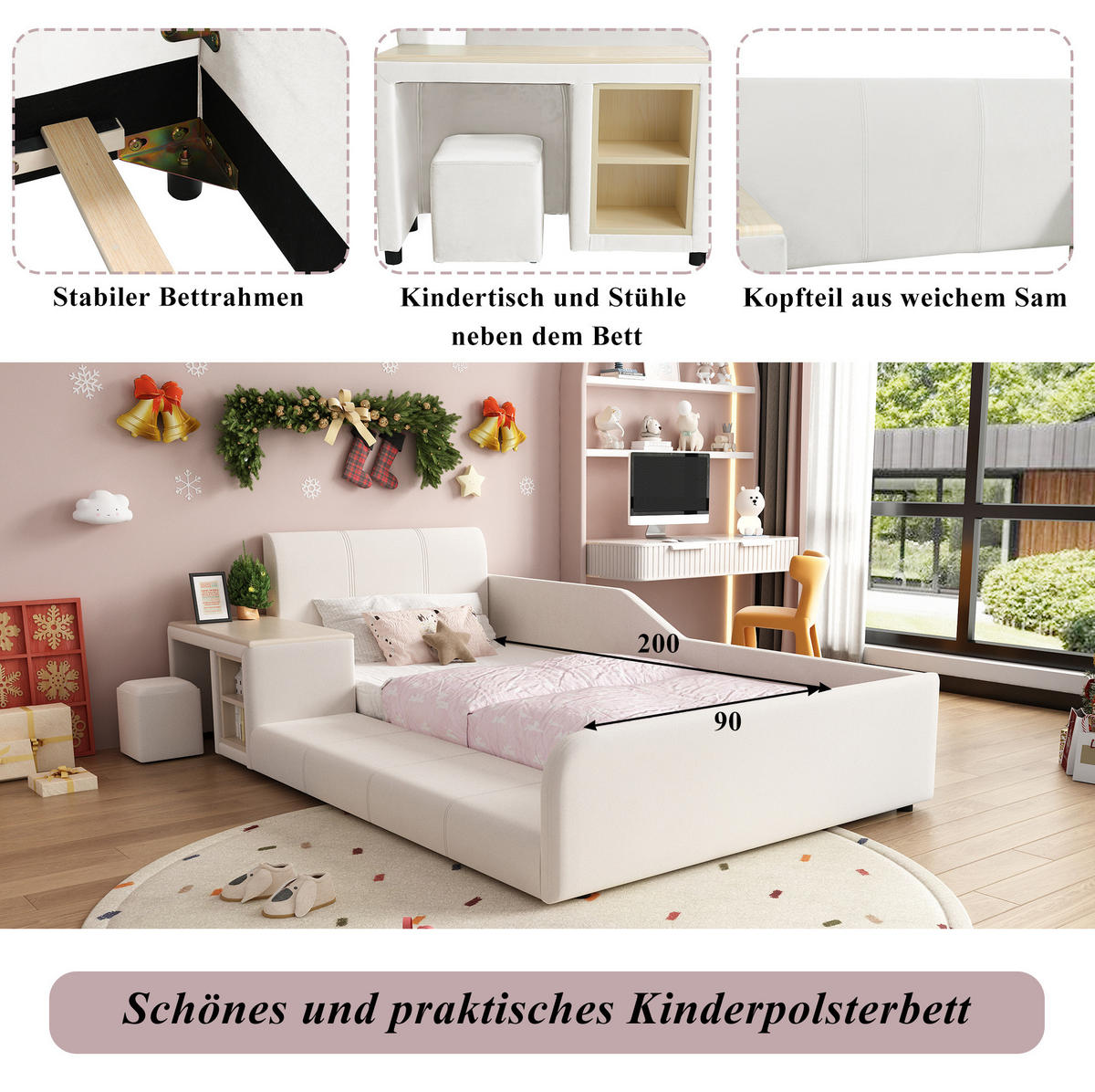 KINDERBETT 90/200 cm aus Samt mit Schreibtisch Hocker und Ablageboden Weiß - Weiß, Textil (90/200cm) - Modenvie