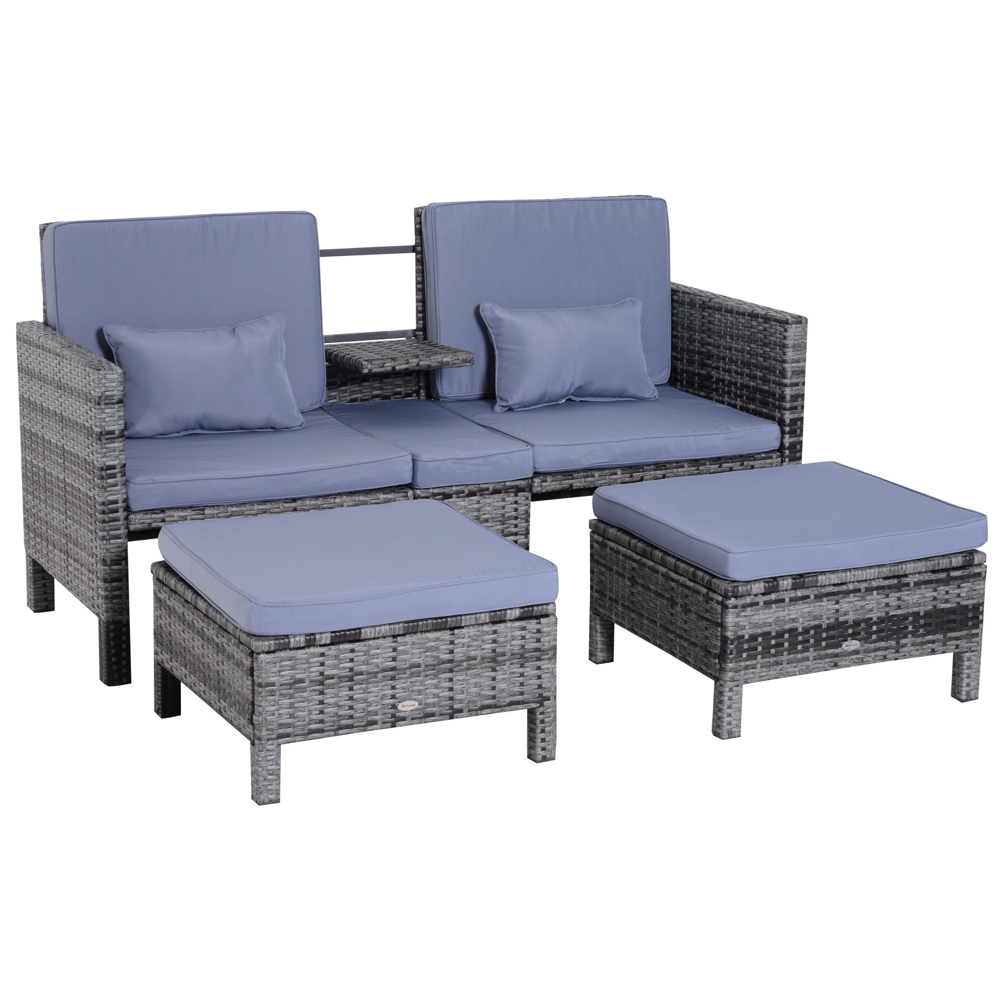 GARTENSET Grau Polyrattan + Metall 2er-Sofa 2 x Hocker Kissen - Grau, Kunststoff - Outsunny