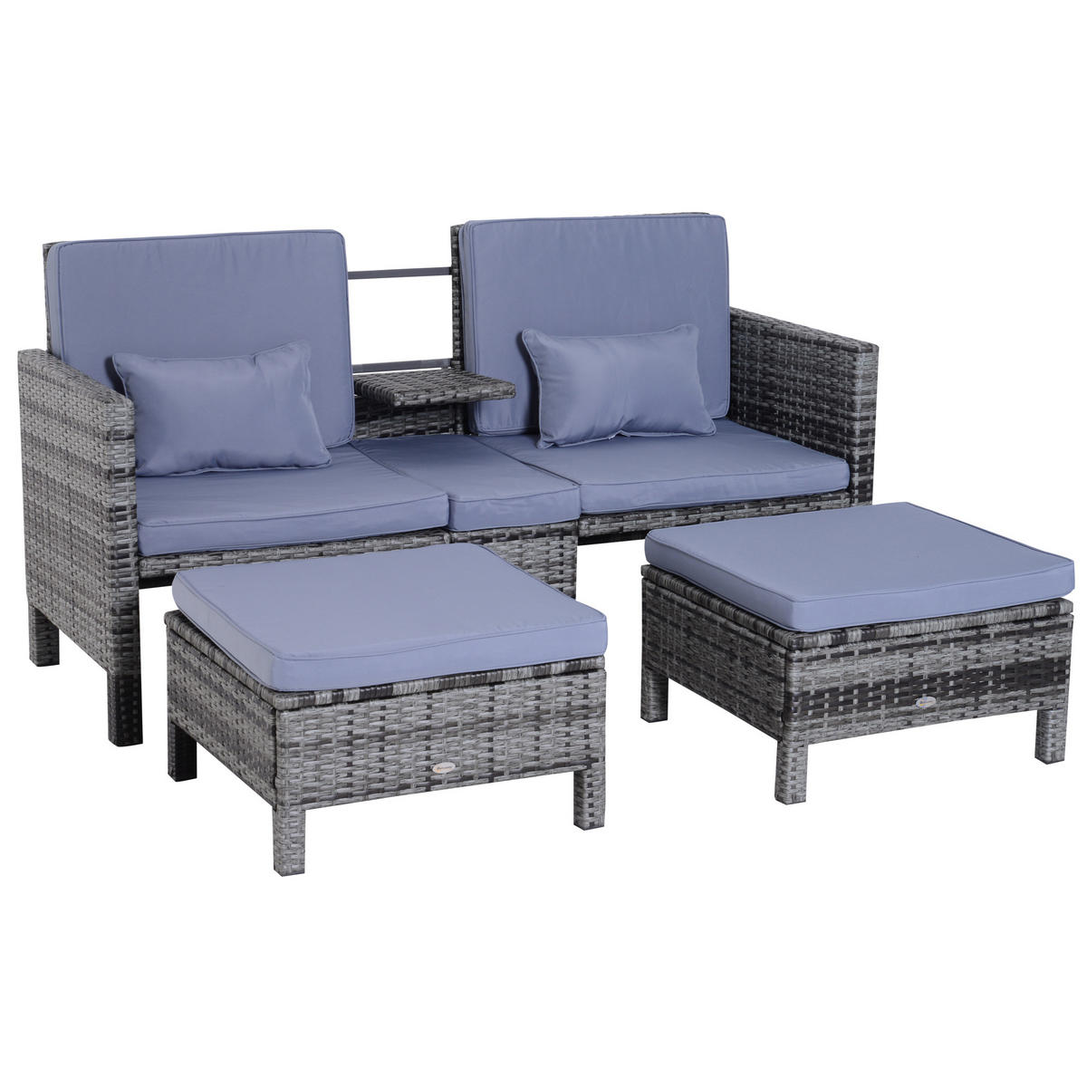 GARTENSET Grau Polyrattan + Metall 2er-Sofa 2 x Hocker Kissen - Grau, Kunststoff - Outsunny