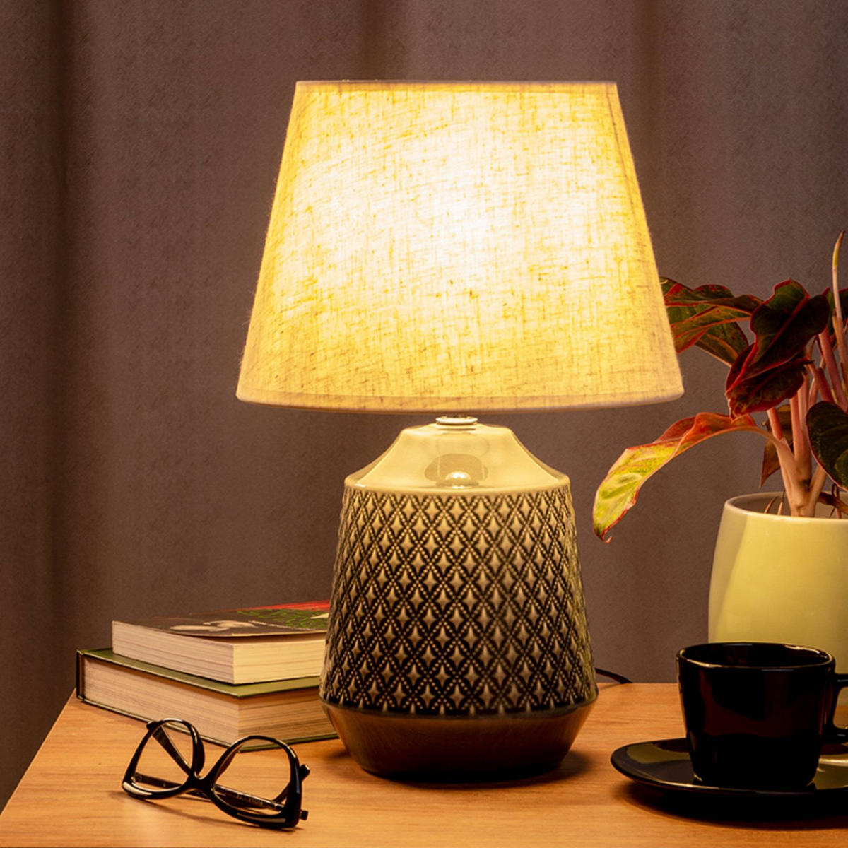 TISCHLAMPE SOPI 2-er Set, Beige/Marineblau - Blau/Beige, Keramik/Textil (25/25/39cm) - KONSIMO®