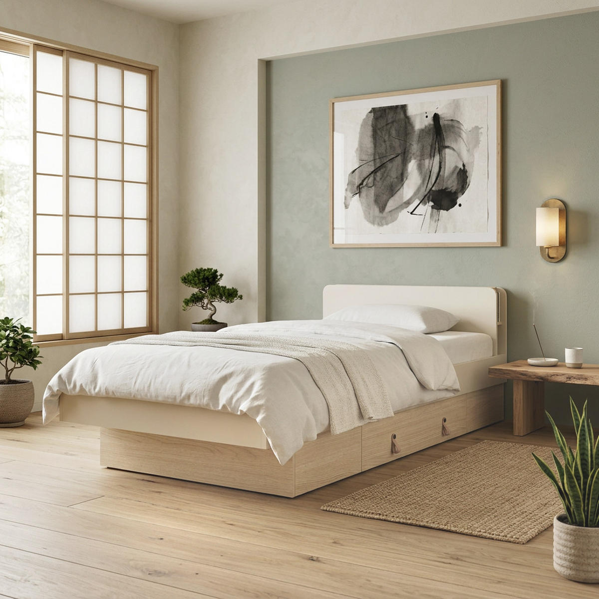 BETT Sorella 90x200 cm mit Lattenrost und Bettkasten-Schublade, ohne Matratze, Macadamia + Eiche Mavelie - Eichefarben/Beige, Leder/Holzwerkstoff (90/200cm) - Beautysofa