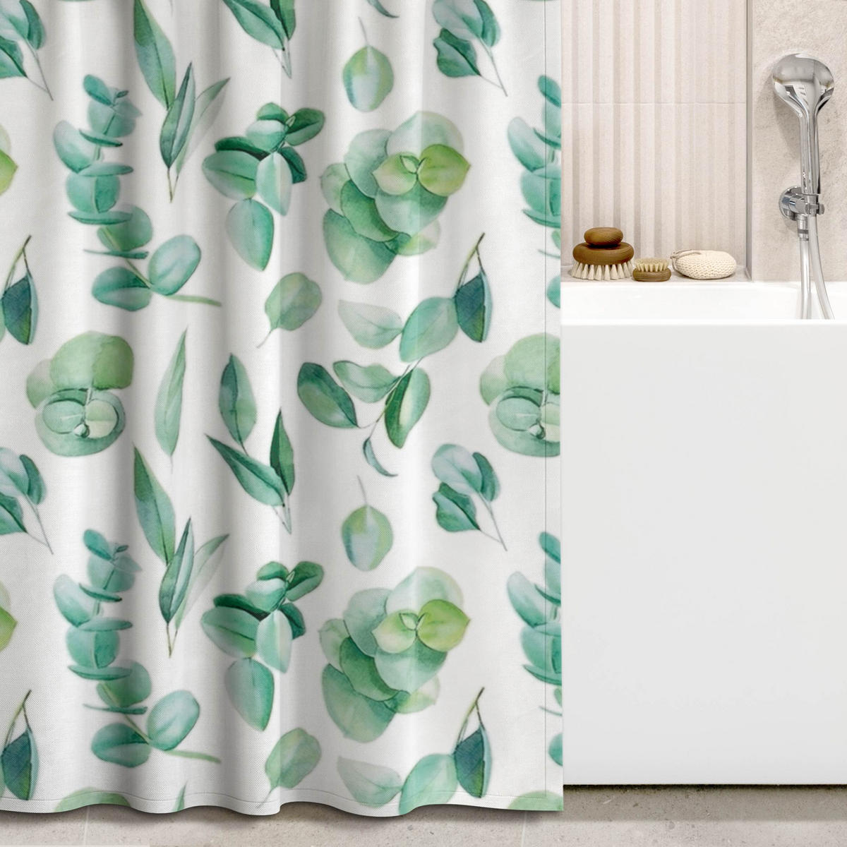 DUSCHVORHANG Aquarell Eukalyptuszweige und Blätter Muster 200/180 cm - Grün, Textil (200/180cm) - Bilderwelten