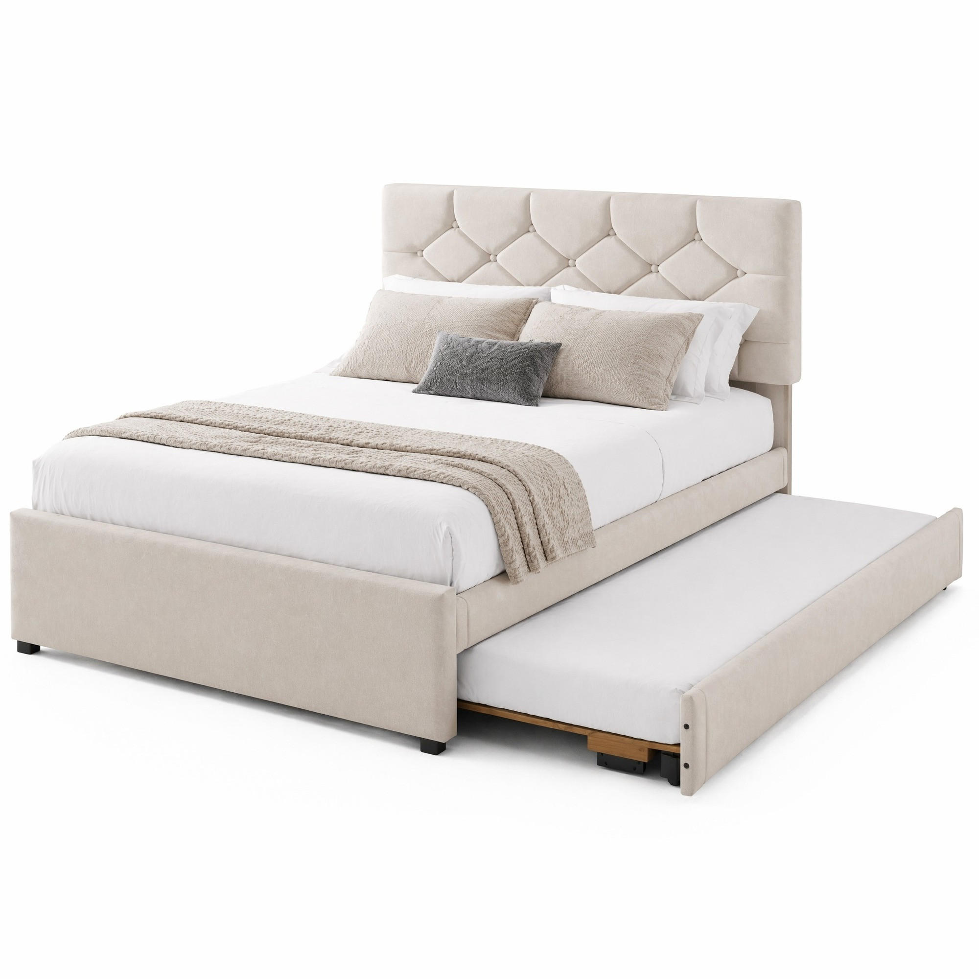 POLSTERBETT 140/200 cm & 90/190 cm in Beige mit Ausziehbett, Samt - Beige, Holzwerkstoff/Textil (140/200cm) - CHICFURN