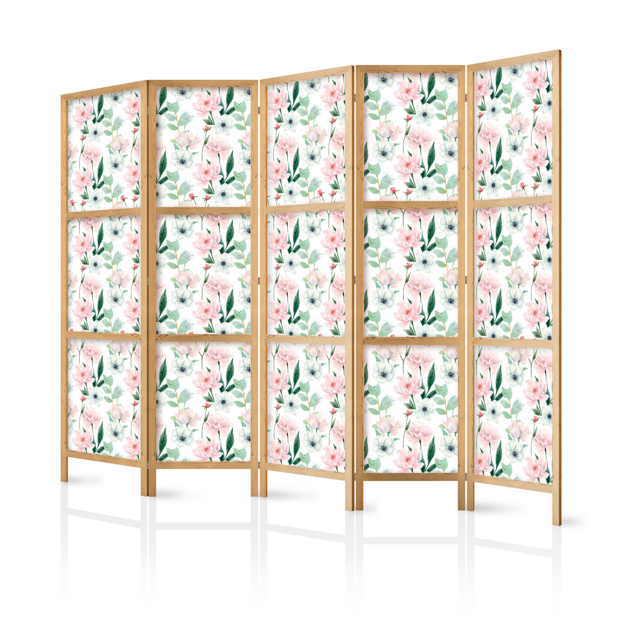 PARAVENT Japanischer 5-tlg 225x172 cm Blumen und Bl tter - Multicolor, Holz/Textil (225/172/3cm) - Muralo