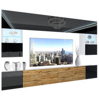 WOHNZIMMERWAND Schrankwand mit LED Schwarz / Wotan Eiche - Eiche Wotan/Schwarz, Holz (300/180/36cm) - B BELINI GROUP