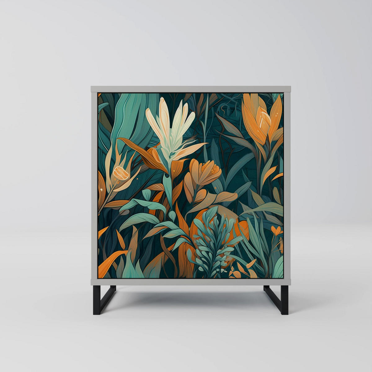SIDEBOARD FLORAL SERENITY, Grau, 57,5x42x77,5 cm, Schräge Buchenholzfüße - Buchefarben/Multicolor, Holzwerkstoff/Buchenholz (57.5/77.5/42cm) - SpaceRebels