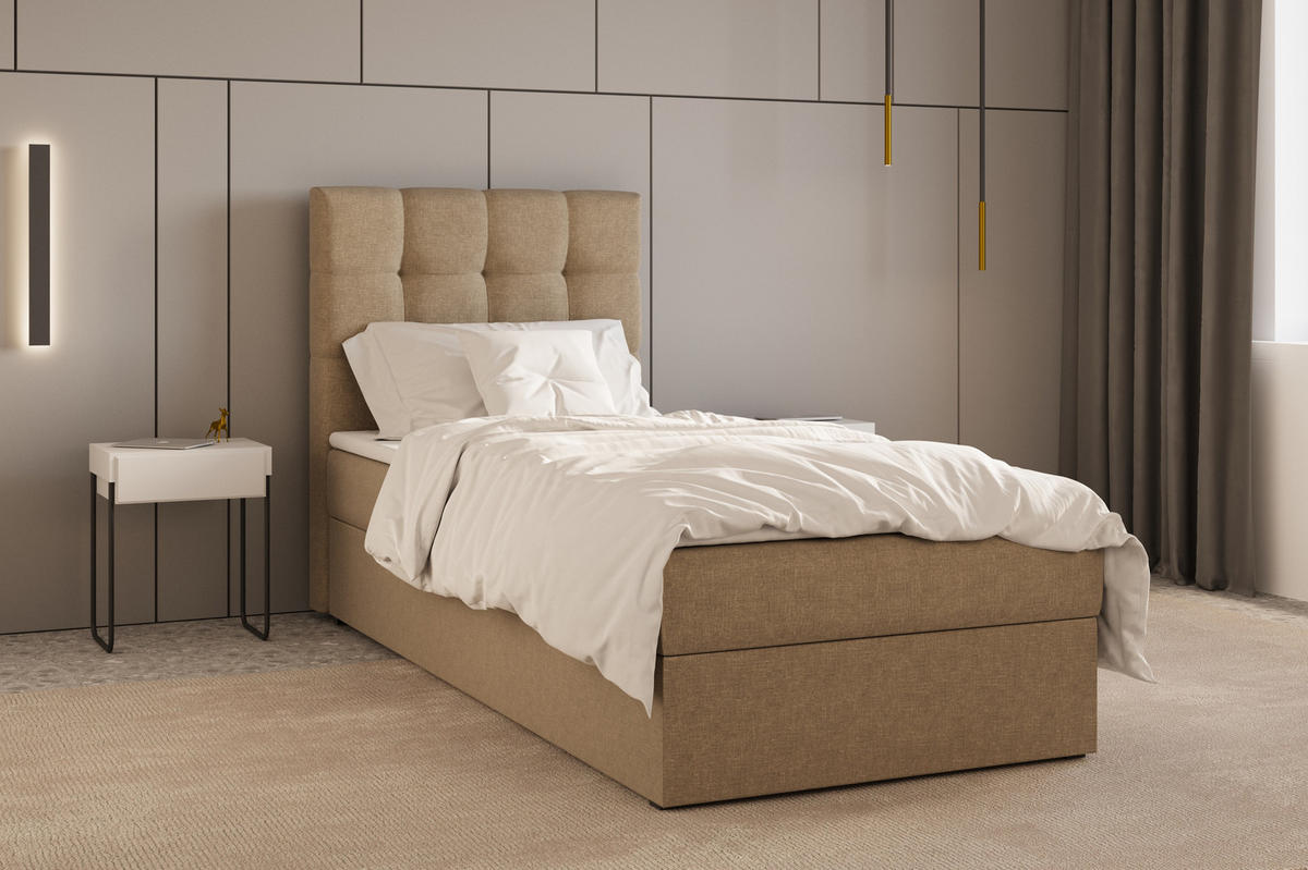 BOXBETT - Bett 05 OSLO - Hugo - 90x200 cm - mit Bettkasten und Waschbarem Topper - Cappuccino, Holz (90/200cm) - ROYAL24_MARKT