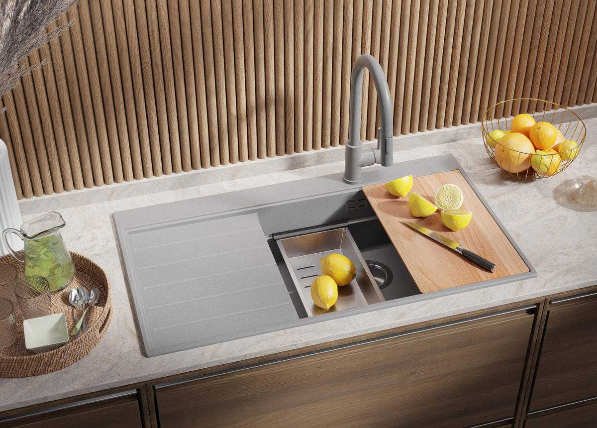 SPÜLBECKEN Sydney, 2-er set Grau 90/50 cm 1 Becken + Ablauf-Set + Küchenzubehörset ab 60er Unterschrank - Chromfarben/Beige, Kunststoff (90/20/50cm) - Primagran