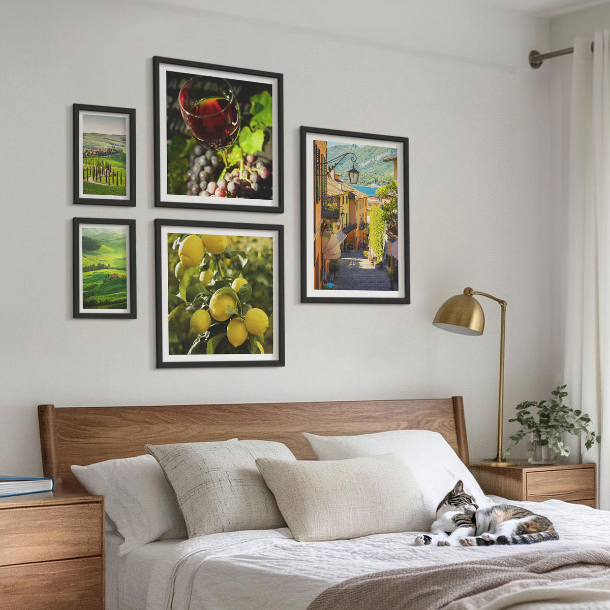 BILDER SET 5er Set - 50x50 cm & 20x30 cm & 40x60 cm Schwarzer Rahmen - Italienische Landschaften, Zitrushügel - Schwarz, Kunststoff (40/60cm) - TULUP