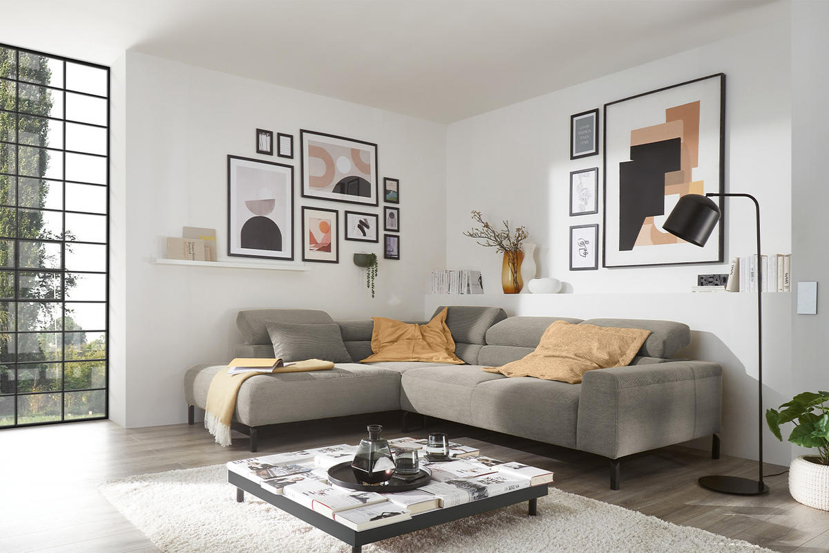 ECKSOFA MIT MOTORISCHEM SITZVORZUG DELIA Grau Cord - Schwarz/Grau, Textil/Metall (276/219cm) - KAWOLA