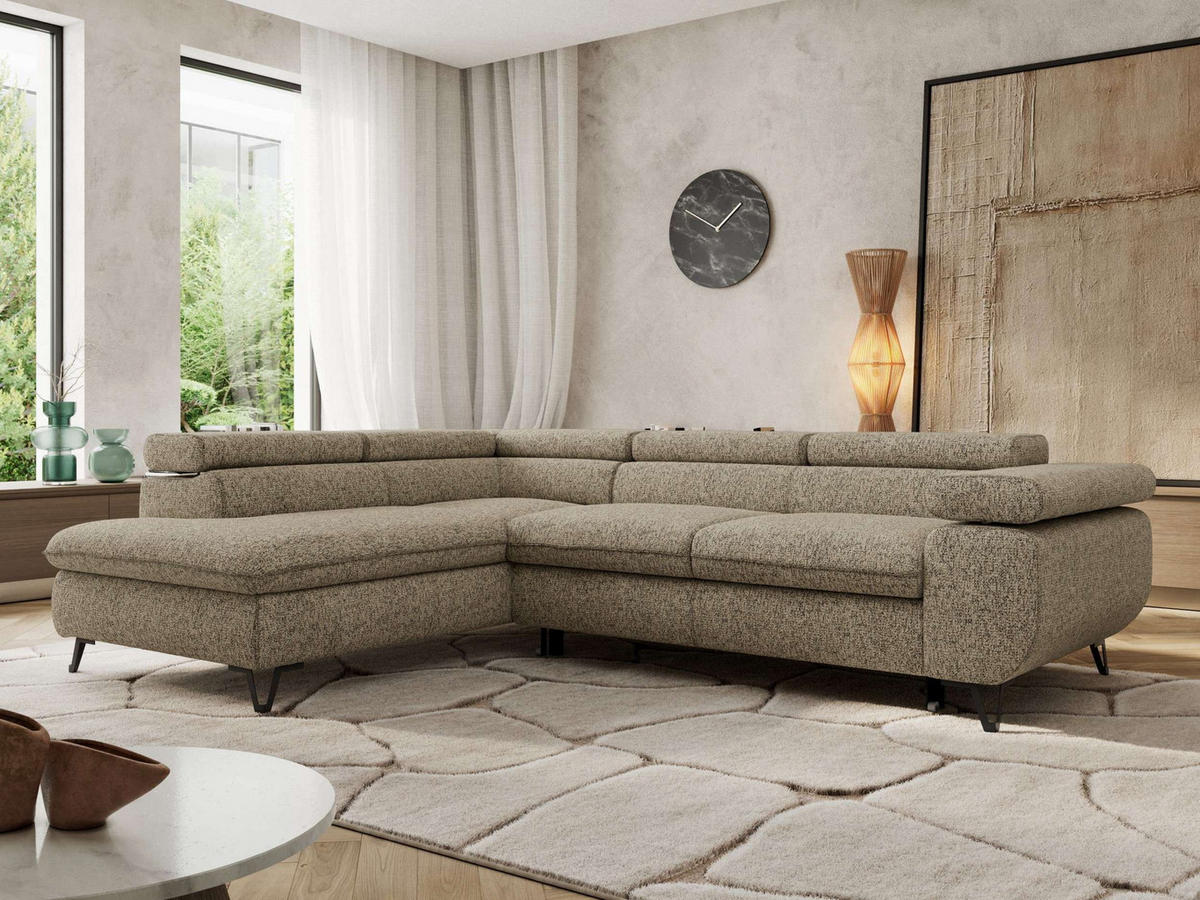 ECKSOFA PABLO L Dunkelbeige Struktur - Links Seite mit Visco Topper - Greige/Schwarz, Textil/Metall (208/273cm) - MKS