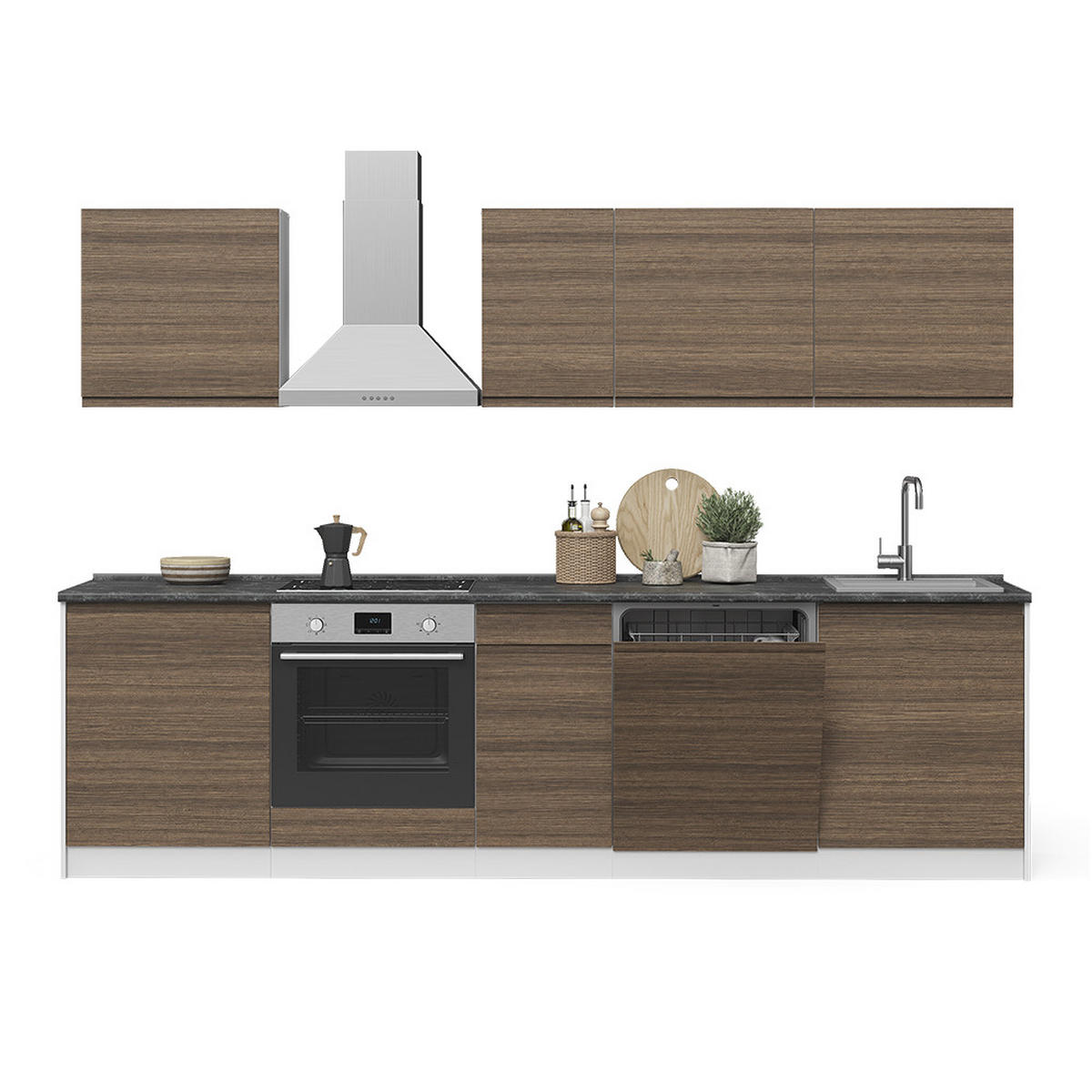 KÜCHENZEILE R-Line, Tabak-Walnuss/Weiß, 280 cm Arbeitsplatte Satin - Walnussfarben/Weiß, Holzwerkstoff (280/206.8/60cm) - Vicco