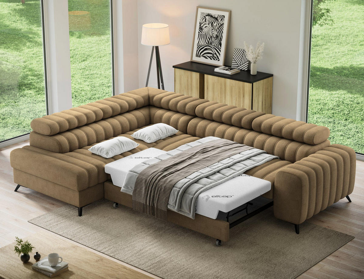 KANEDO Ecksofa mit Schlaffunktion und Bettkasten – Modernes Designsofa, verstellbare Kopfstützen, Metallfüße - Braun, Kunststoff (269/86cm) - Wohnideebilder