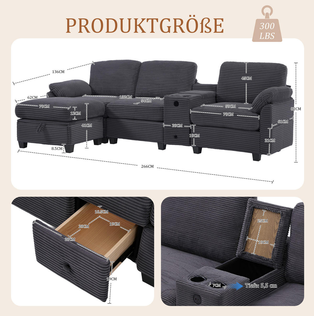 ECKSOFA L-Form mit beweglicher Mittelkonsole USB-C-Dunkelgrau 266/136/82 cm - Dunkelgrau, Textil (266/136cm) - OKWISH