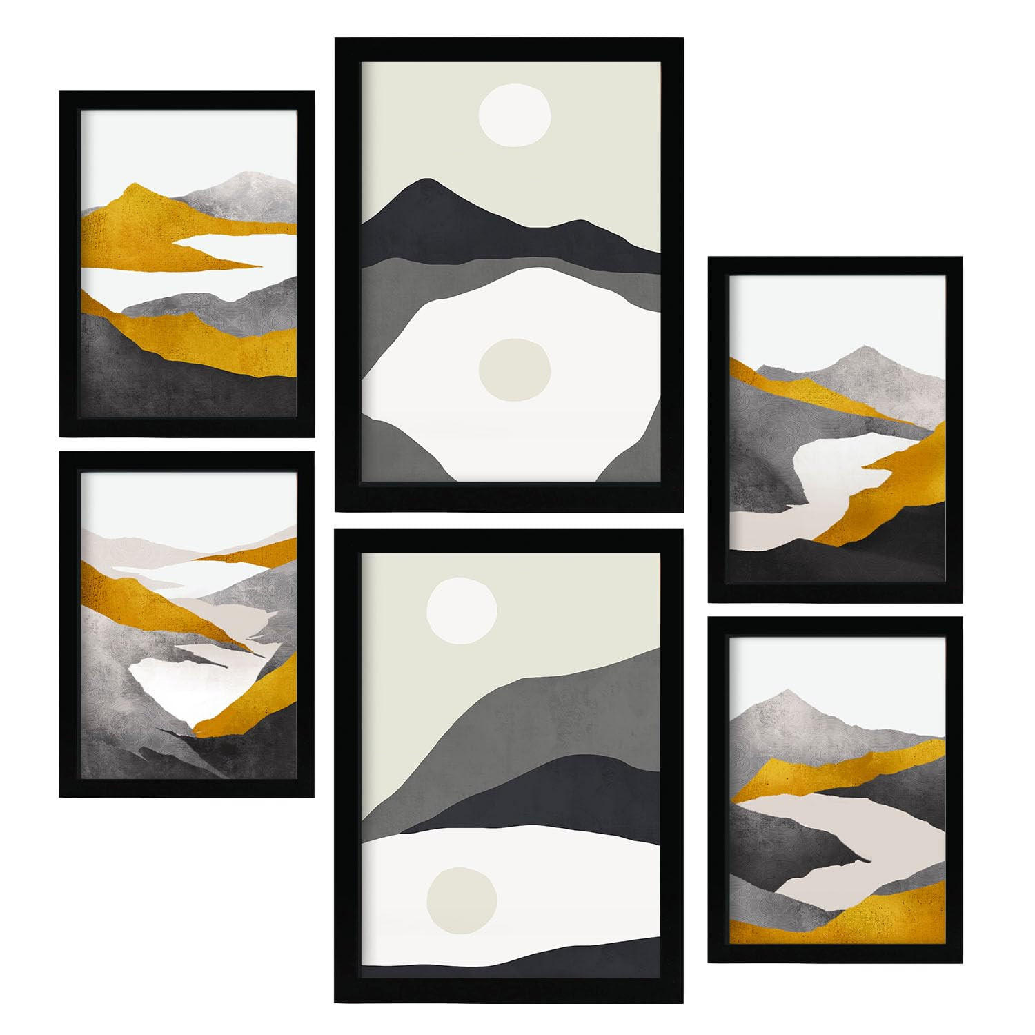 POSTER Set Mit 6 Bergrahmen In Kulissen Abstracts Ästhetische Dekorative Gemälde Für Ihr Wohnzimmer, Schlafzimmer, Zuhause A3 & A4 Schwarzer Rahmen - Schwarz, Papier (29/3cm) - Nacnic