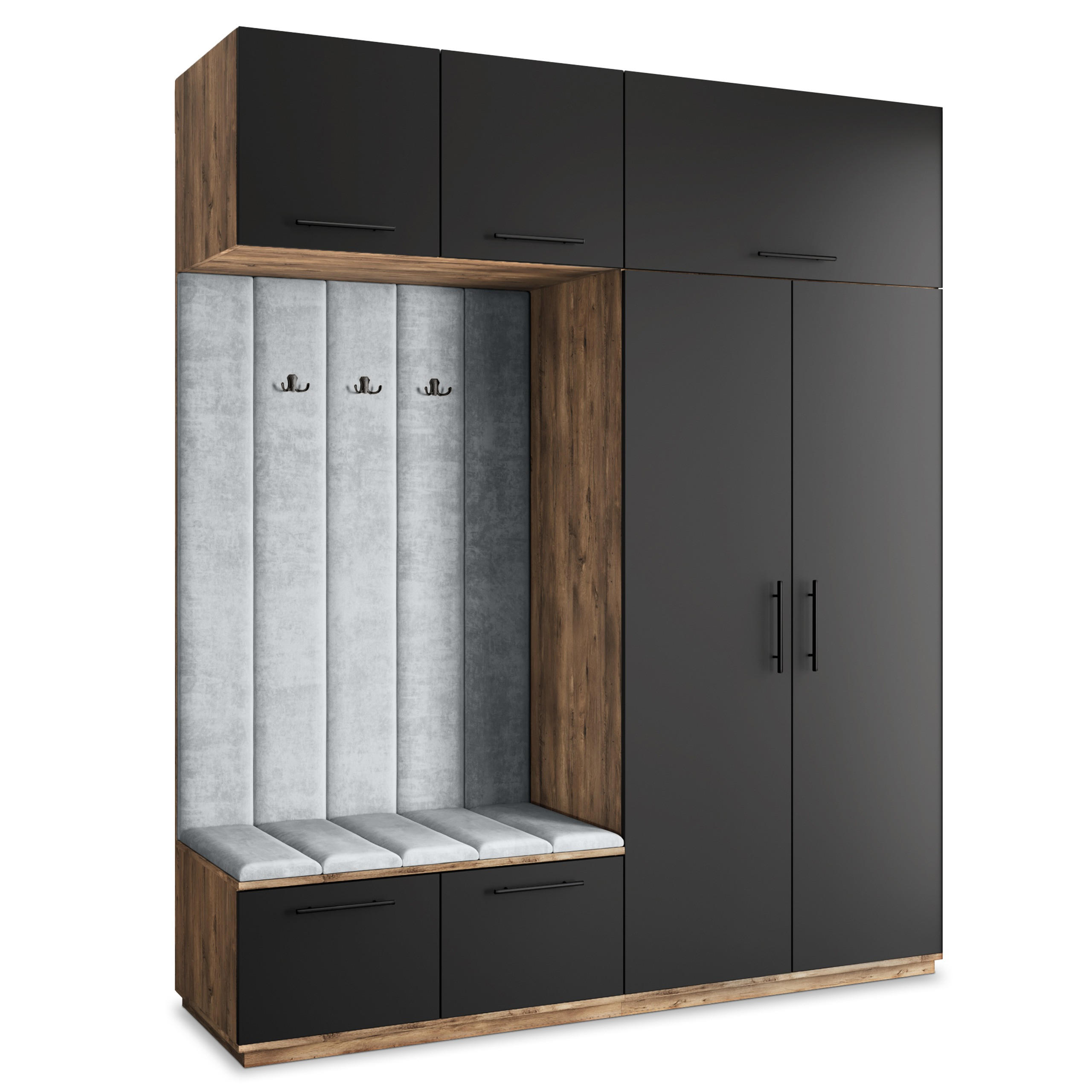 Masseno Garderobenschrank Eiche, Schwarz, Hellgrau 200x240x60 cm