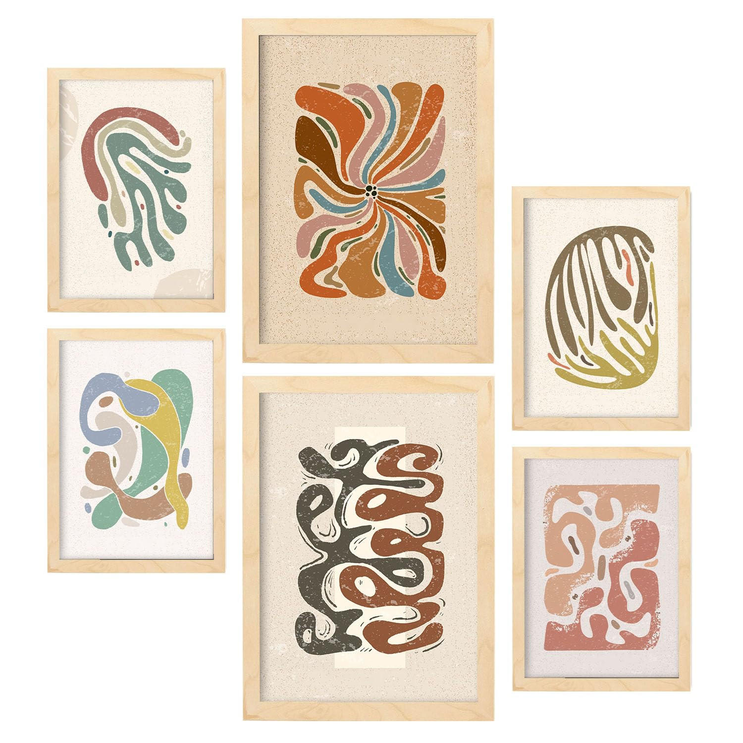 POSTER Set Mit 6 Drucken Von Bewegungen In Der Sammlung Von Ethnischen Dekorative Rahmen Für Ihr Zuhause Wandkunstdruck A3 & A4 Rahmen Aus Hellem Holz - Beige, Papier (29/3cm) - Nacnic