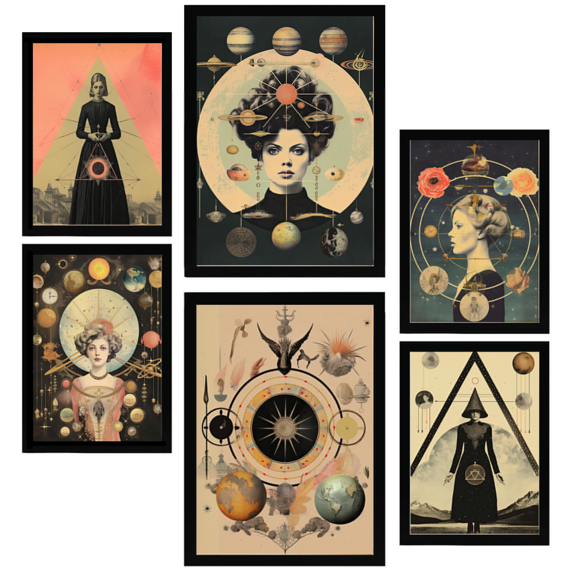 POSTER Set Mit 6 Mystischen & Esoterischen In Beige & Schwarz Zur A3 & A4 Schwarzer Rahmen - Schwarz, Papier (29/3cm) - Nacnic