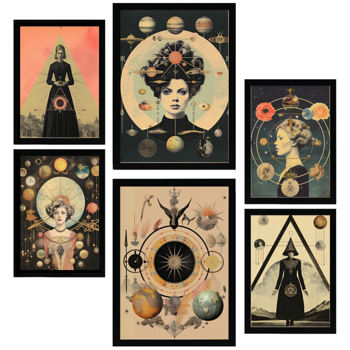 POSTER Set Mit 6 Mystischen & Esoterischen In Beige & Schwarz Zur A3 & A4 Schwarzer Rahmen - Schwarz, Papier (29/3cm) - Nacnic