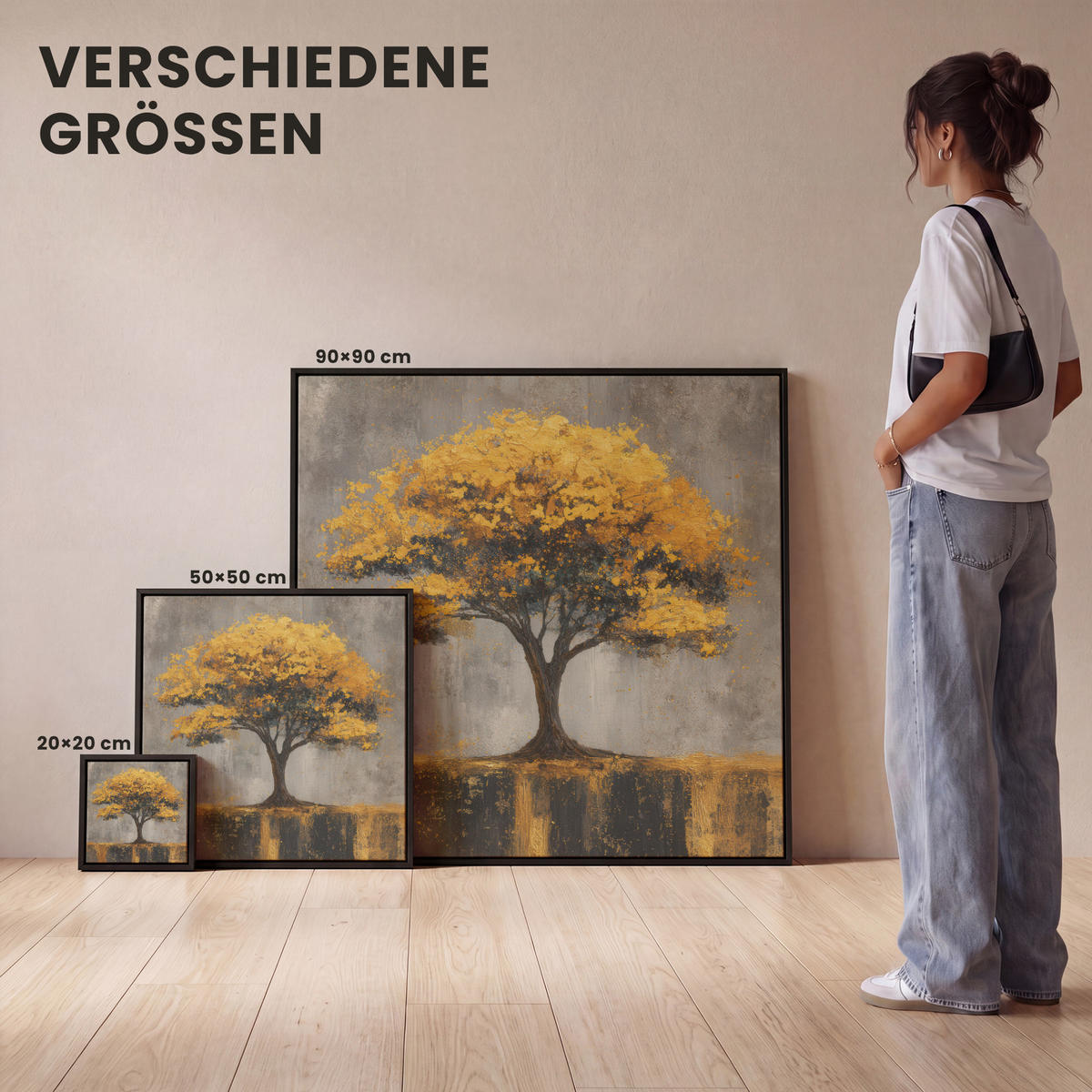 LEINWAND Bilder mit Rahmen - Baum - Blätter - Gold - Abstrakt - 20x20 - Grau, Textil (20/20cm) - MuchoWow