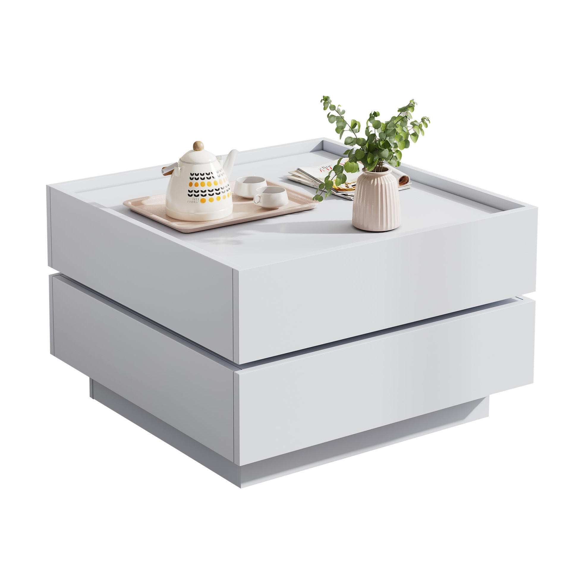 COUCHTISCH 60/60/38 cm in Weiß, 360° drehbar mit 2 Schubladen - Weiß, Holzwerkstoff (60/60/38cm) - Flora Grace