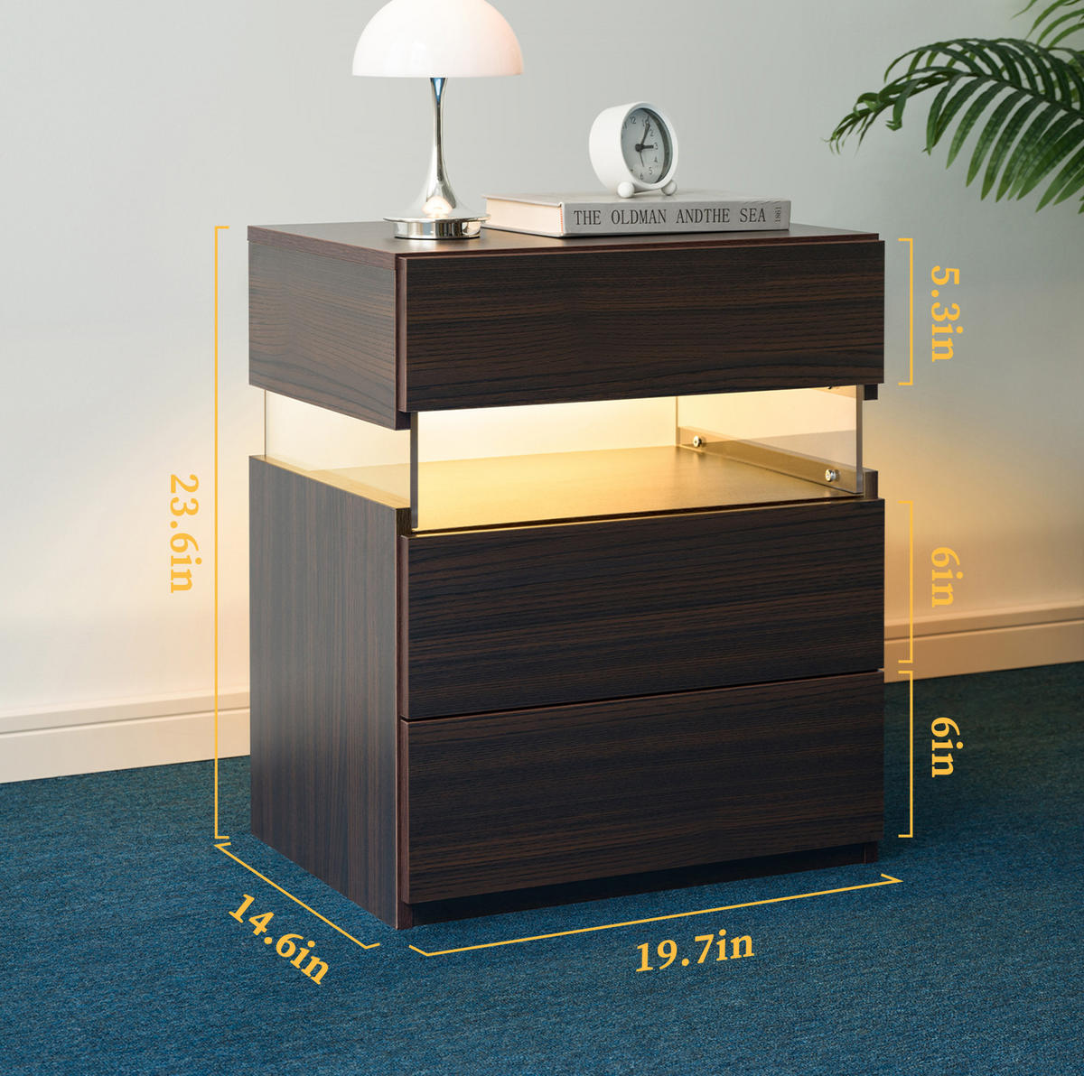NACHTTISCH in Walnuss mit 3 Schubladen und LED-Beleuchtung,48/38/61 cm - Walnussfarben, Holzwerkstoff (38/61/48cm) - Flora Grace