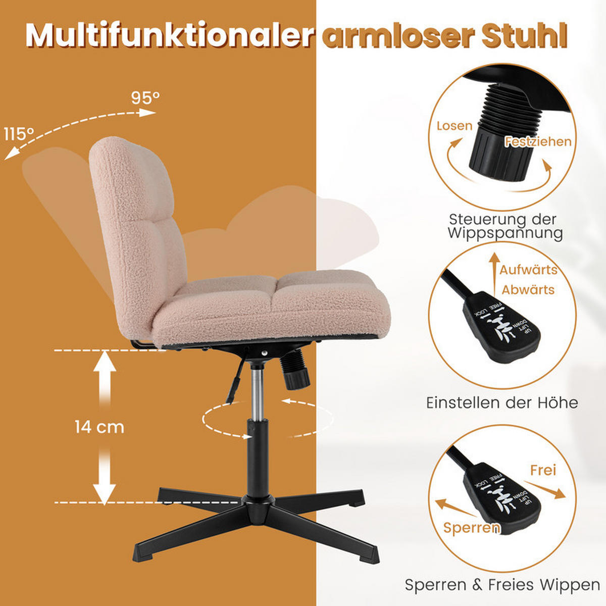 BÜROSTUHL Rosa - Pink, Metall (73/78/64cm) - COSTWAY