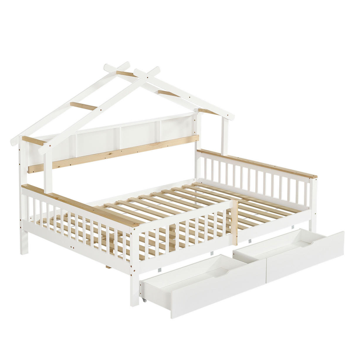 DOMČEKOVÁ posteľ 140/200 cm biela/prírodná s ochrannými zábranami a 2 zásuvkami z borovice a MDF - biela, drevo (140/200cm) - OKWISH