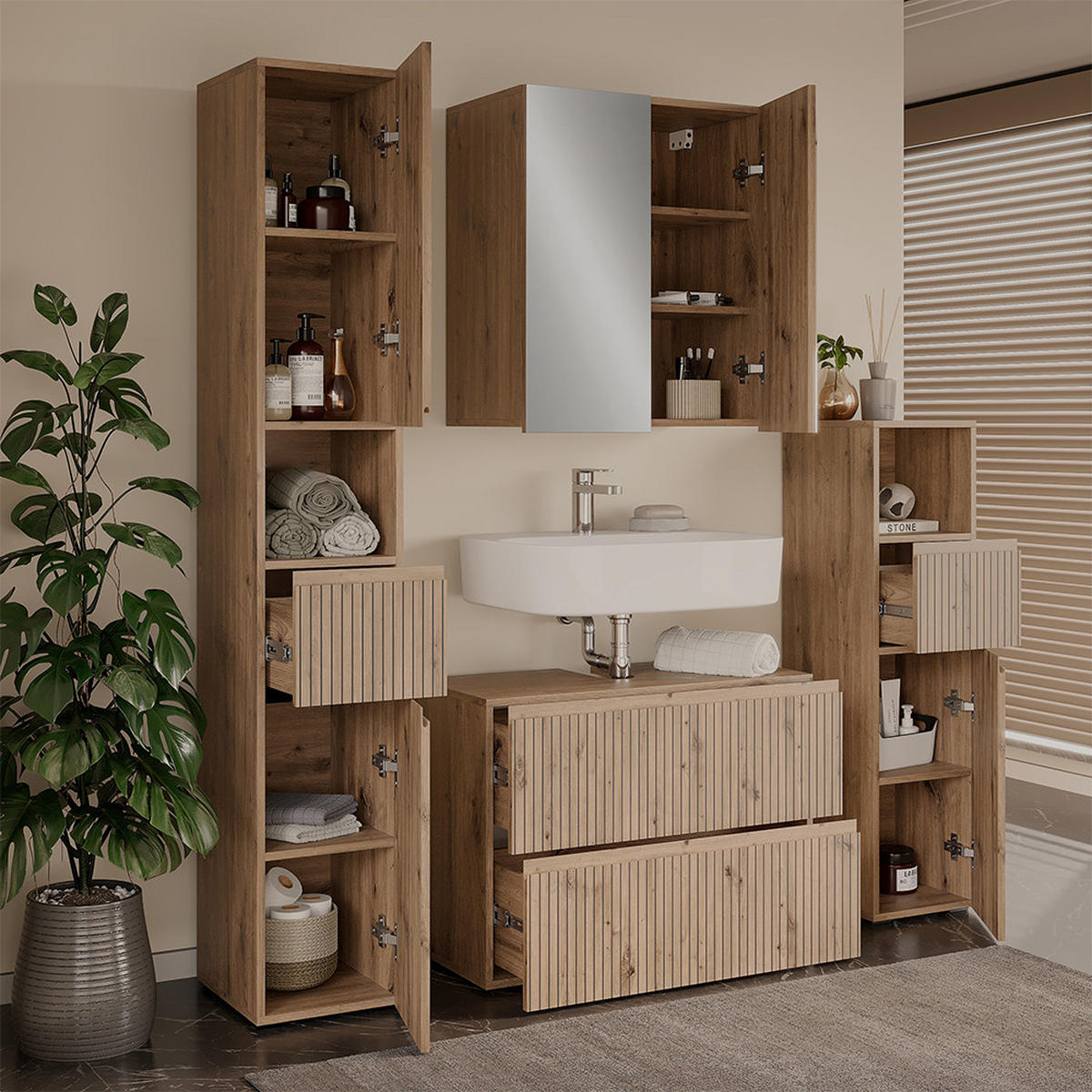 BADMÖBEL-SET Takumi Artisan 4 Teile - Hellgrau, Holzwerkstoff (80/58/35cm) - Vicco