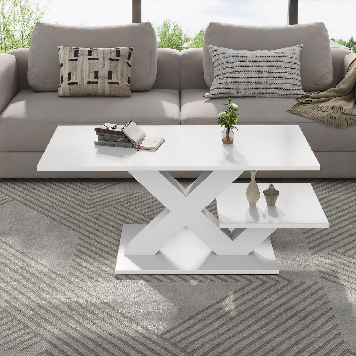 COUCHTISCH DE-37146 mit X-förmigen Beinen und Doppeltischplatte Weiß - Weiß, Holzwerkstoff (100/48/45cm) - ComfortXL