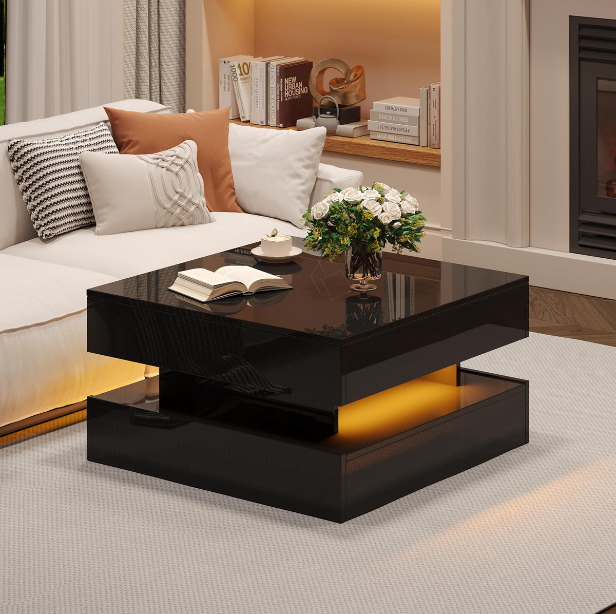 COUCHTISCH 65/65/38,5 cm in Schwarz aus Spanplatte mit LED-Licht und Stauraum - Schwarz, Holzwerkstoff (65/65/38.5cm) - OKMYHOME