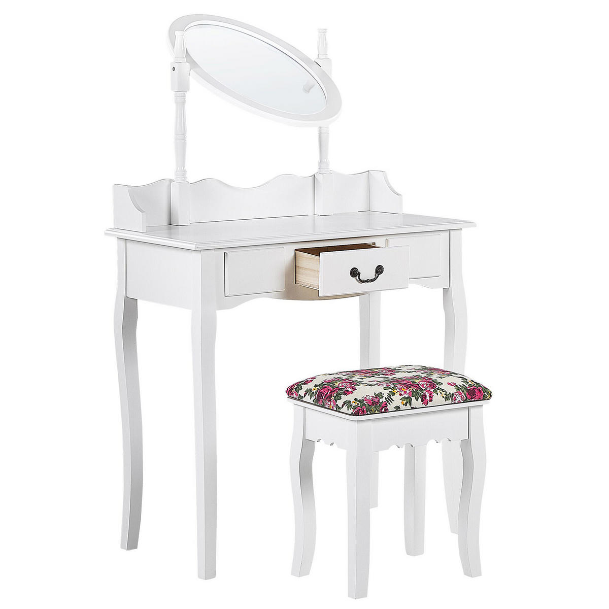 SCHMINKTISCH mi tovalem Spiegel Hocker 1 Schublade weiß Soleil - Weiß, Holzwerkstoff (80/142/40cm) - Beliani