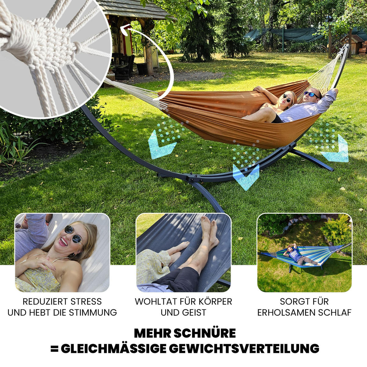 HÄNGEMATTE mit Gestell, 2 Personen, XXL, 200 kg, Metall, Grey, einfache Montage - Grau, Metall (370/130/120cm) - Potenza