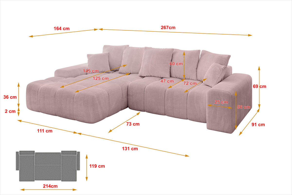 ECKSOFA Ottomane Links ENSI-L - 267x164x69 cm Rosa - Rosa, Holzwerkstoff/Kunststoff (267/164cm) - ALTDECOR