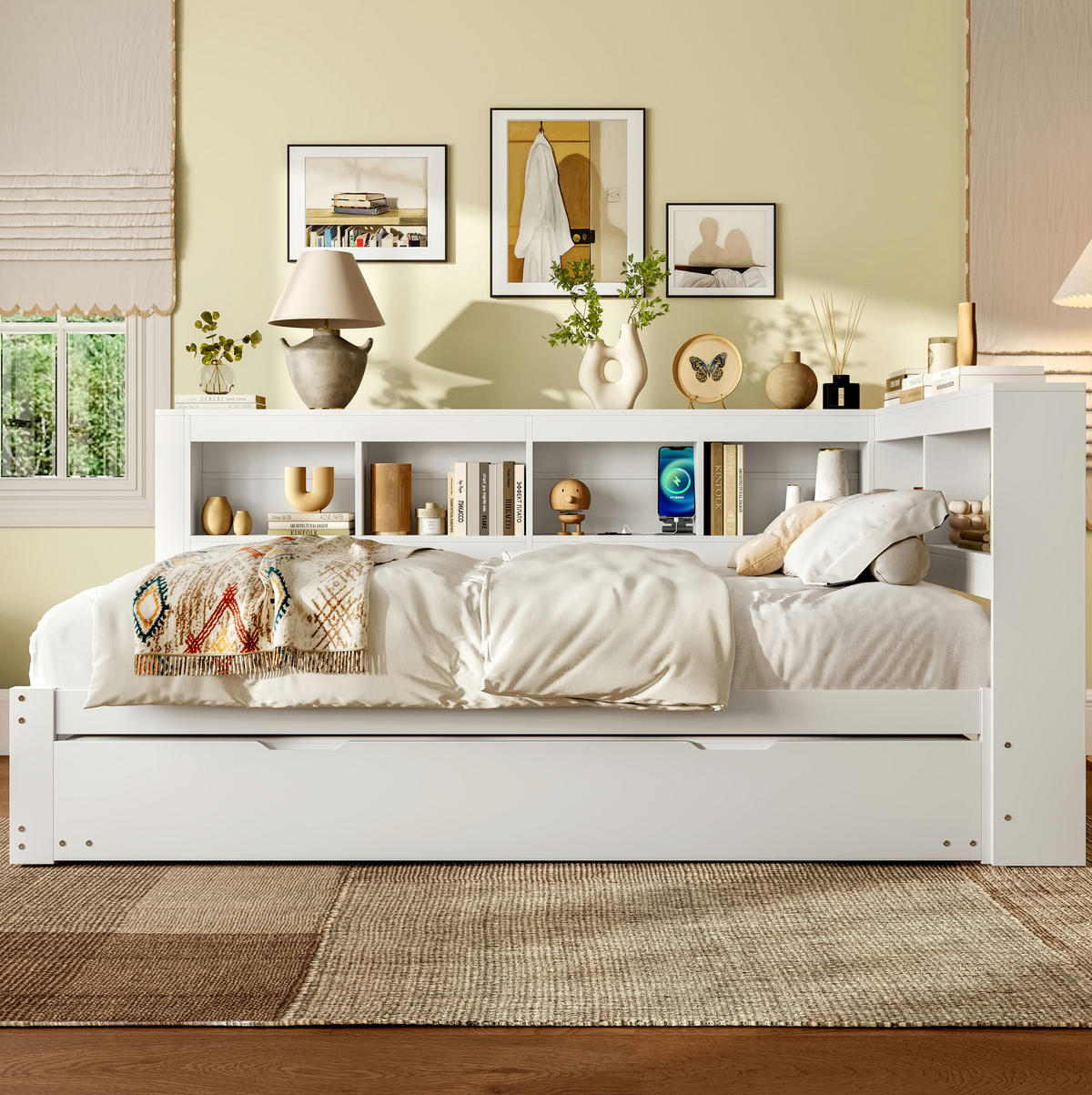 BETT 140/200 cm in Weiß – inkl. Lattenrost, ausziehbares Rollbett & 2 Schubladen - Weiß, Holz (140/200cm) - BEAOK