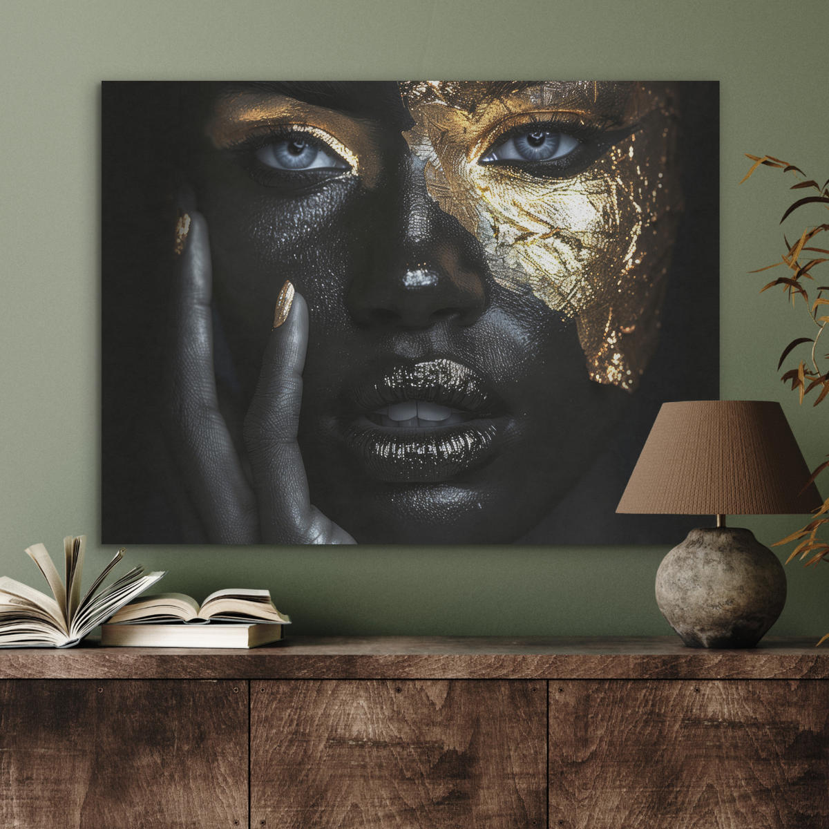 AKUSTIKPANEEL Frau - Gold - Porträt - Schwarz-Weiß - Luxus 80x60 cm - Hellblau, Textil (80/0.9/60cm) - MuchoWow