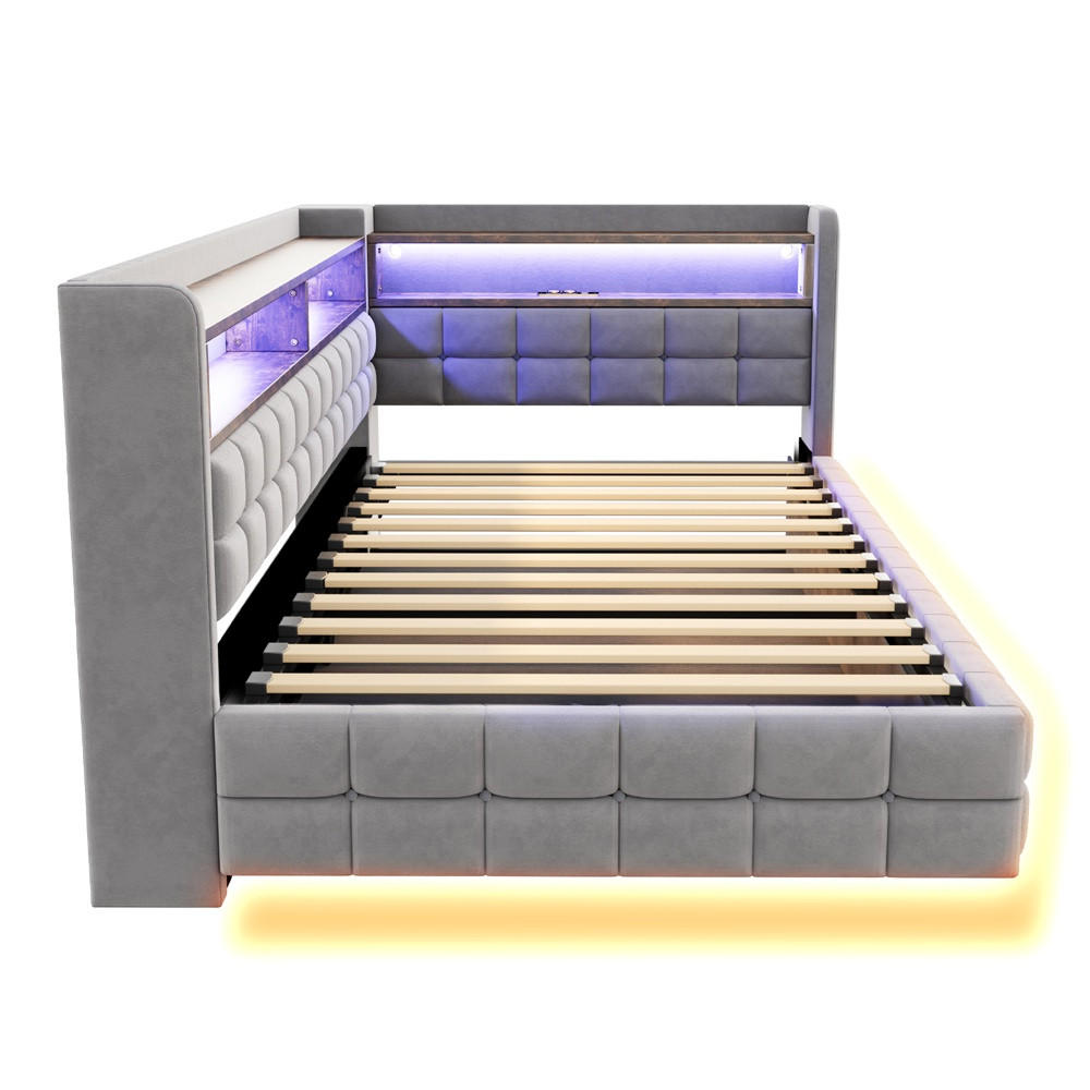 POLSTERBETT 90x200 cm mit hydraulischem Stauraum und Regal - LED Beleuchtung - USB & Typ-C - Hellgrau - ohne Matratze - Hellgrau, Textil (90/200cm) - DELFA
