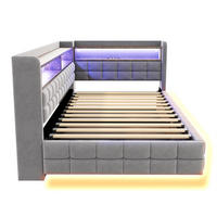 POLSTERBETT 90x200 cm mit hydraulischem Stauraum und Regal - LED Beleuchtung - USB & Typ-C - Hellgrau - ohne Matratze - Hellgrau, Textil (90/200cm) - DELFA