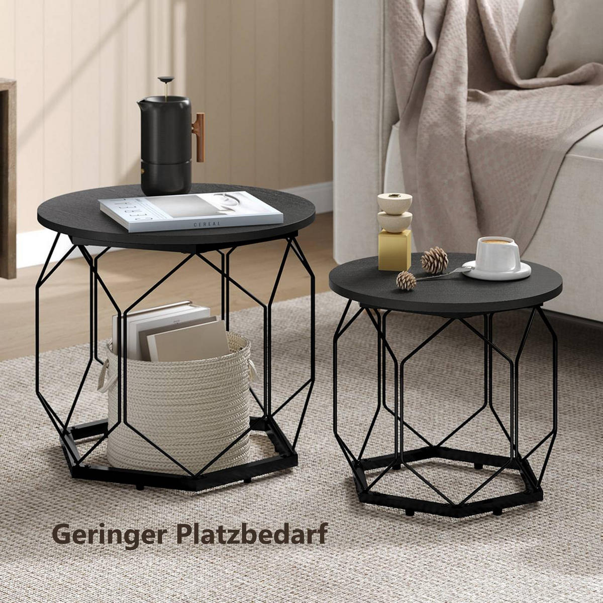 COUCHTISCH 2er Set, rund, Schwarze Holzoptik - Schwarz, Holzwerkstoff/Metall (50/50/45cm) - Woltu
