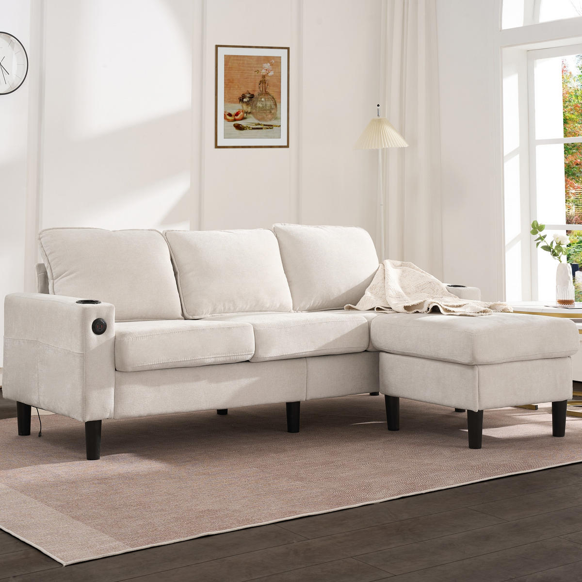 3-SITZER ECKSOFA Leinen Beige mit USB, Type-C und Hocker - Beige, Holzwerkstoff/Textil (202/137cm) - WISHDOR