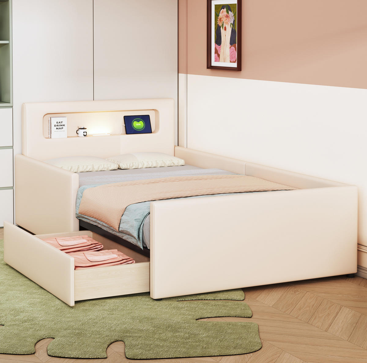 KINDERBETT 90/200 cm mit USB-Anschluss, Nachtlicht, Schubladen und erhöhten Seitenteilen, Kunstleder, Beige - Beige, Textil (90/200cm) - Redom