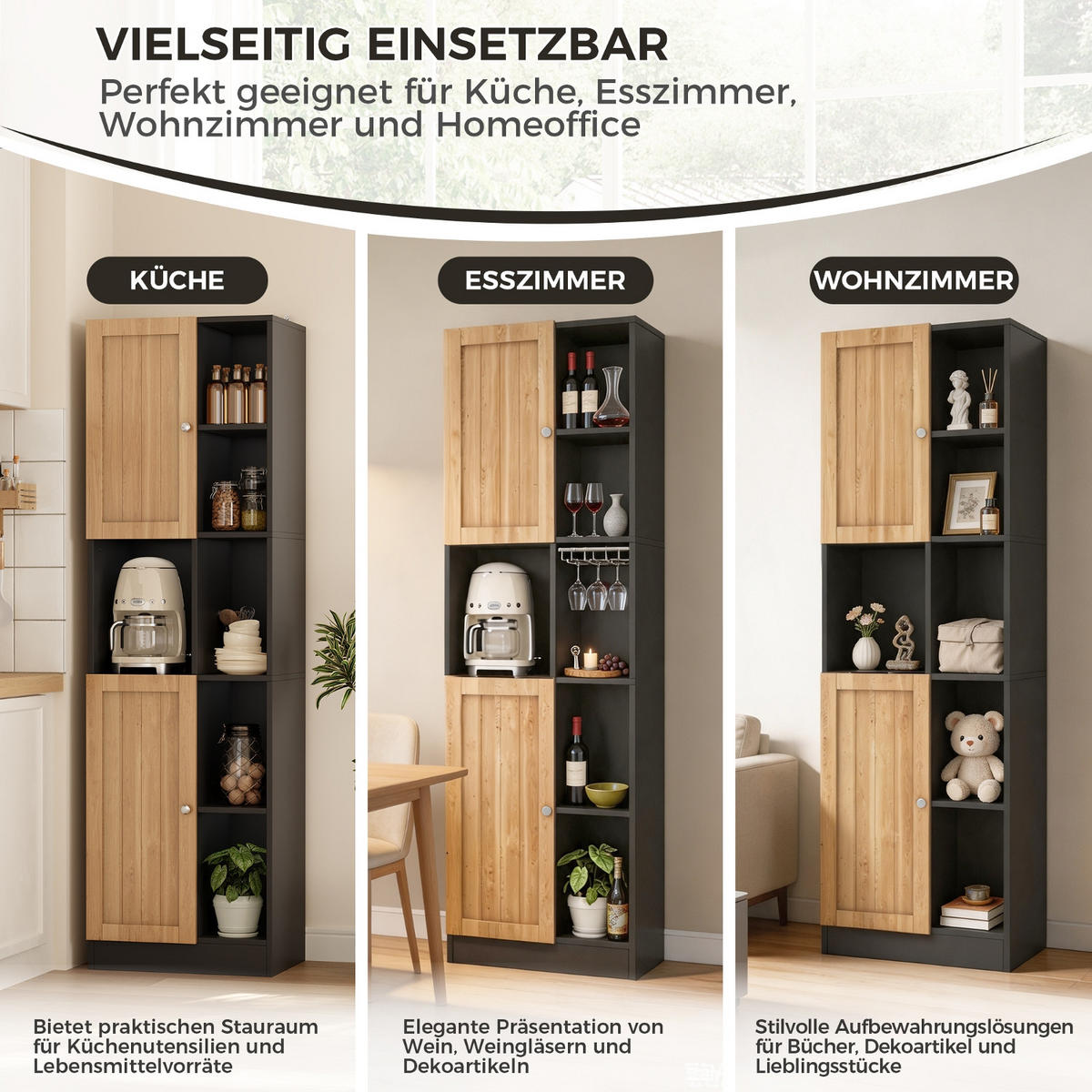 KÜCHENSCHRANK, 50/170/35,5 cm, MDF, Anthrazit-Eiche, mit 6 offenen Regalen und 2 Türen, für Esszimmer - Schwarz, Holzwerkstoff (35.5/170/50cm) - Rolipo
