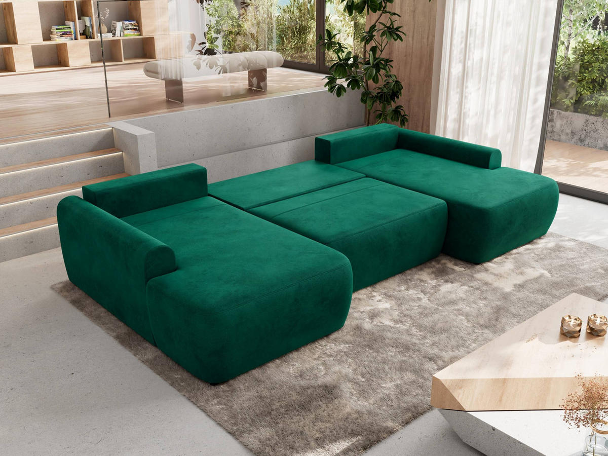 WOHNLANDSCHAFT CUBO U Dunkelgrün Velvet - Dunkelgrün/Schwarz, Kunststoff/Textil (370/100/187cm) - MKS