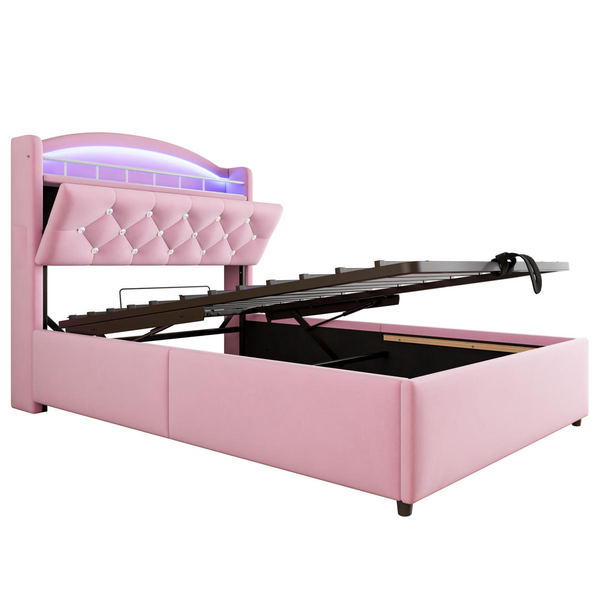 ČALÚNENÁ posteľ z látky 90x200 cm ružová s LED osvetlením, USB-C a úložným priestorom - pink, textil (90/200cm) - Modfu