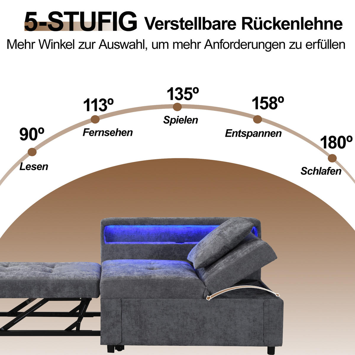 SCHLAFSOFA 3-in-1 Leinenstoff mit USB-Anschluss und LED Hellgrau 177/68/65 cm - Hellgrau, Textil (68/65/177cm) - Redom