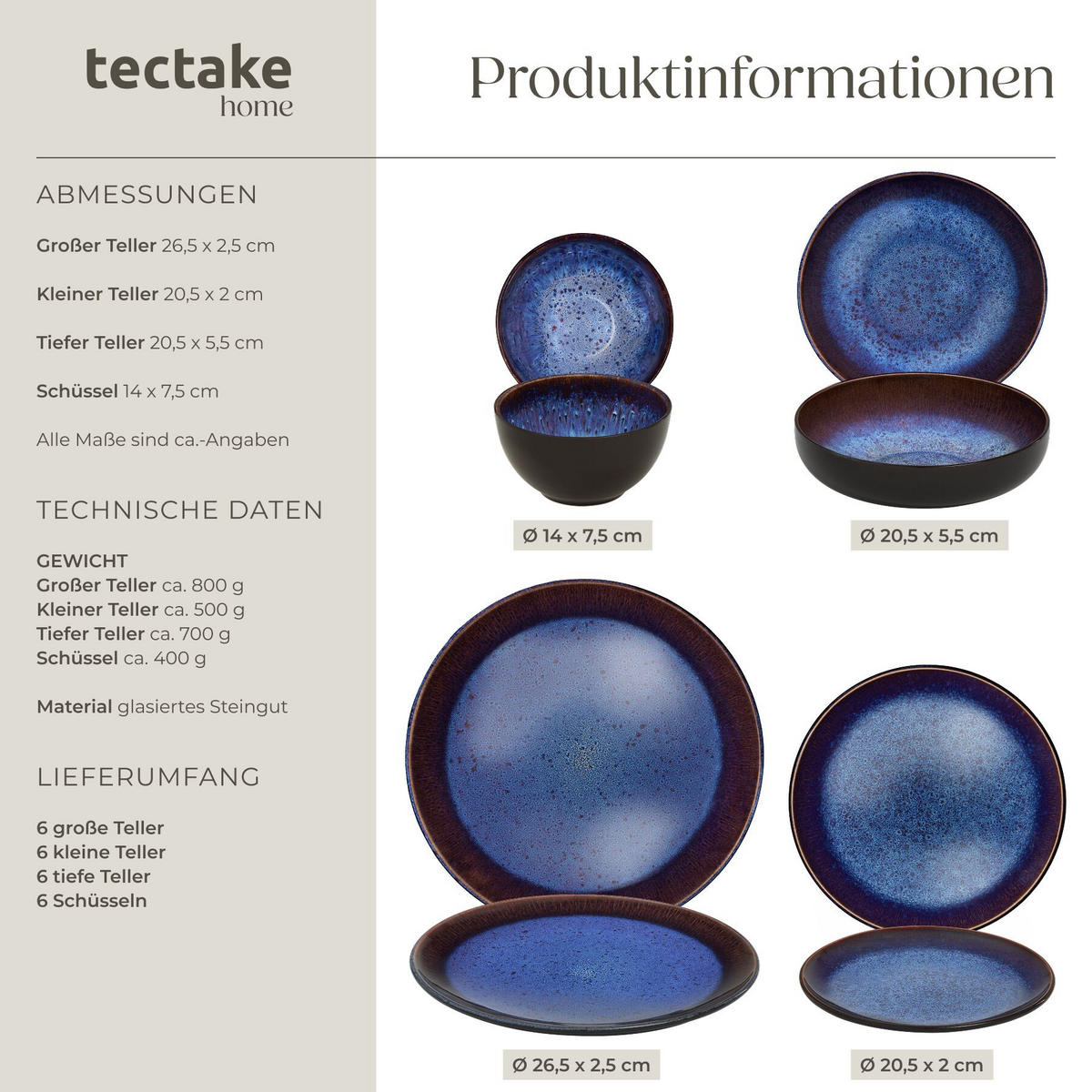 TAFELSERVICE Mare, ineinander stapelbar, blau/braun - Blau, Keramik (26.5/2.5/26.5cm) - tectake