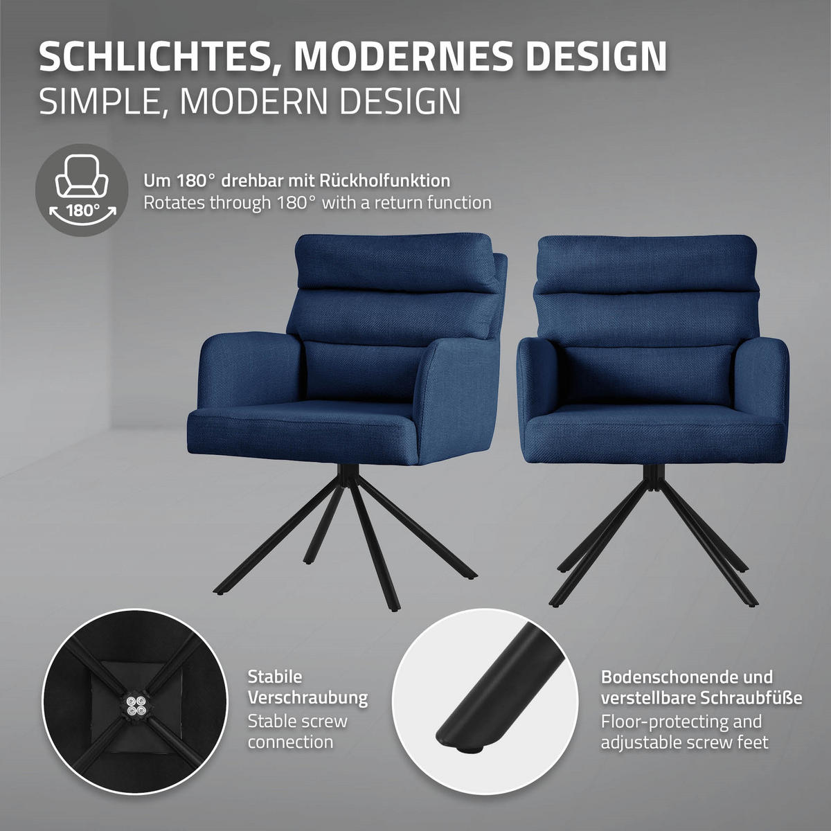 ESSZIMMERSTUHL drehbar Dunkelblau Stoffbezug - Schwarz/Dunkelblau, Textil/Metall (64.5/93/64cm) - ML-DESIGN