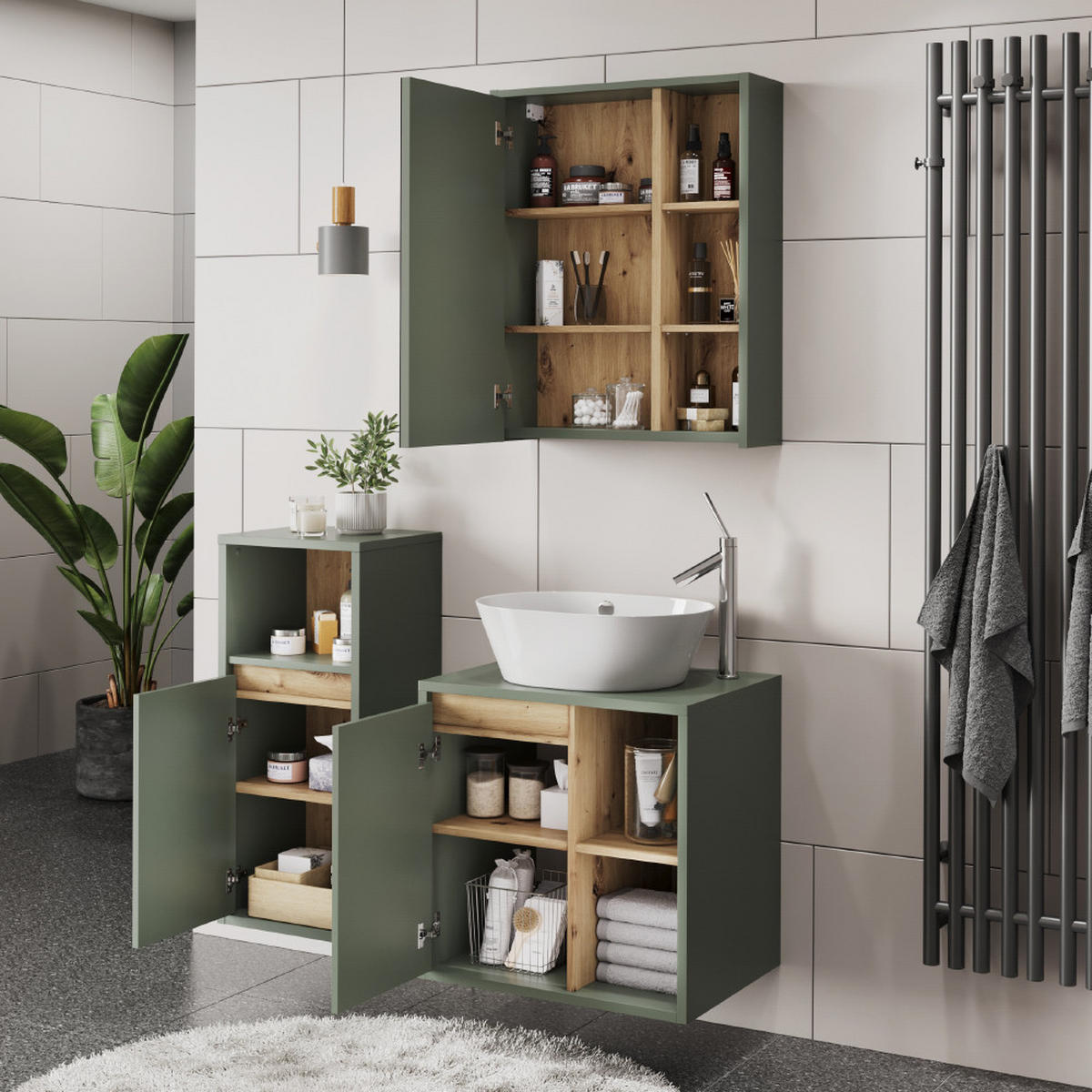 SADA KOUPELNOVÉHO NÁBYTKU Viola Zelená/umělecká - dub artisan/zelená barva, kompozitní dřevo (60/60/45.5cm) - Vicco