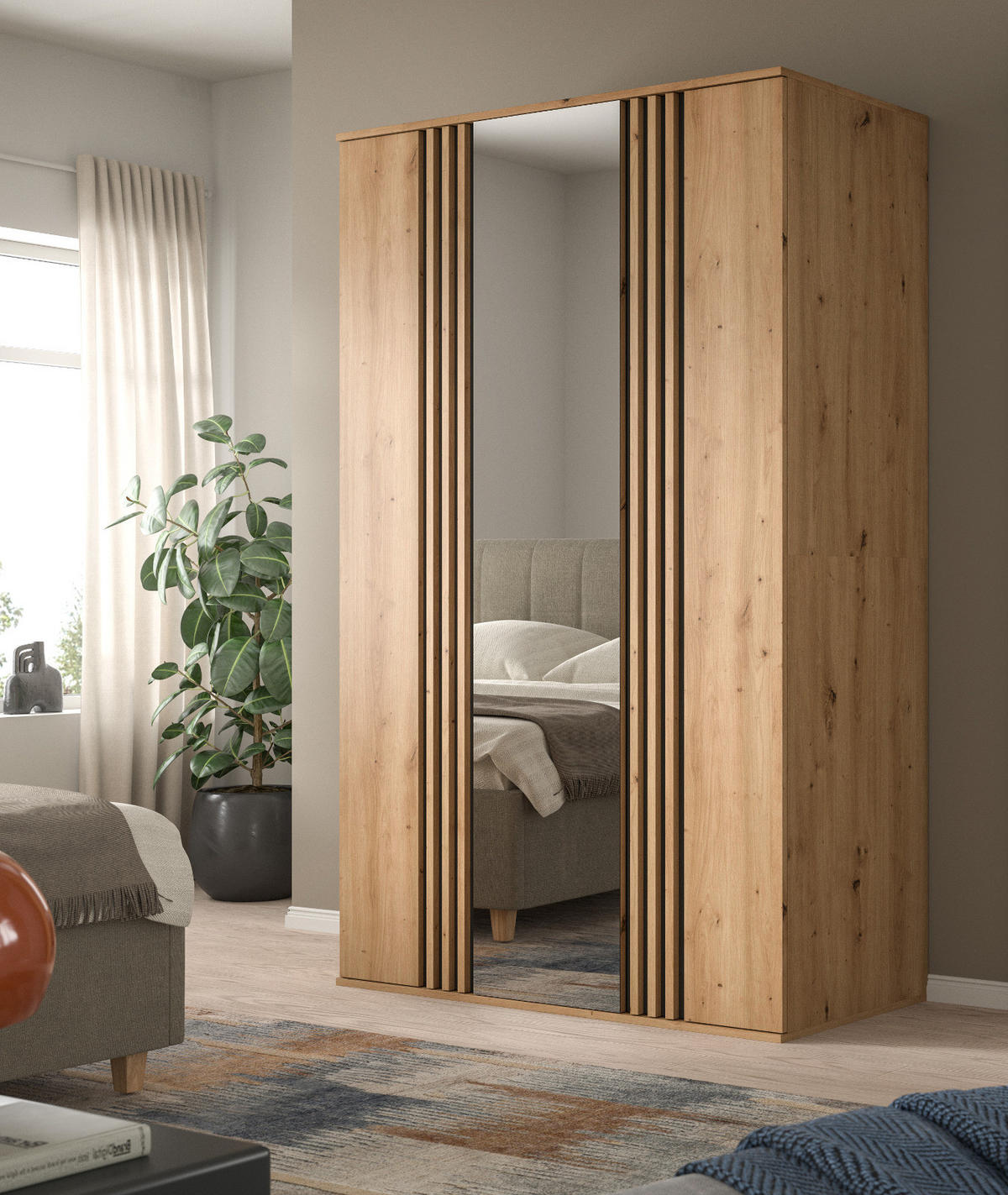 KLEIDERSCHRANK Eiche Artisan, grau 120 x 192 cm 3-türig, Drehtürenschrank mit Spiegel - Anthrazit/Eiche Artisan, Holzwerkstoff (120/192/56cm) - Inn.Furn