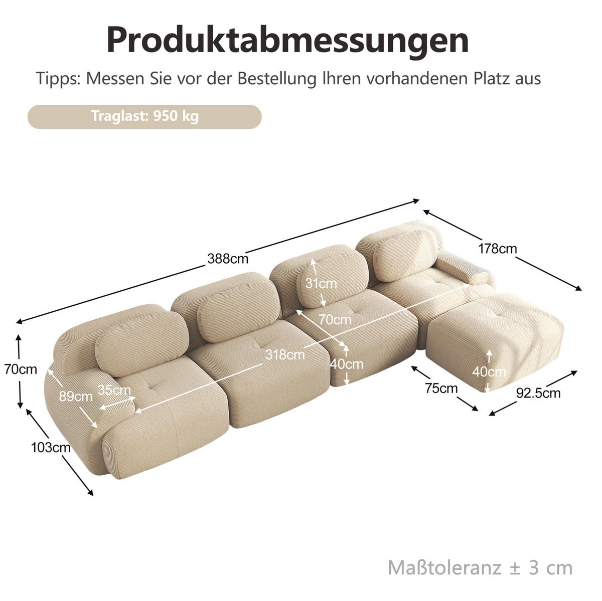 ECKSOFA in Beige aus Cord mit 32D-Schaum und rutschfester Unterseite - Beige, Textil (178/388cm) - Flora Grace
